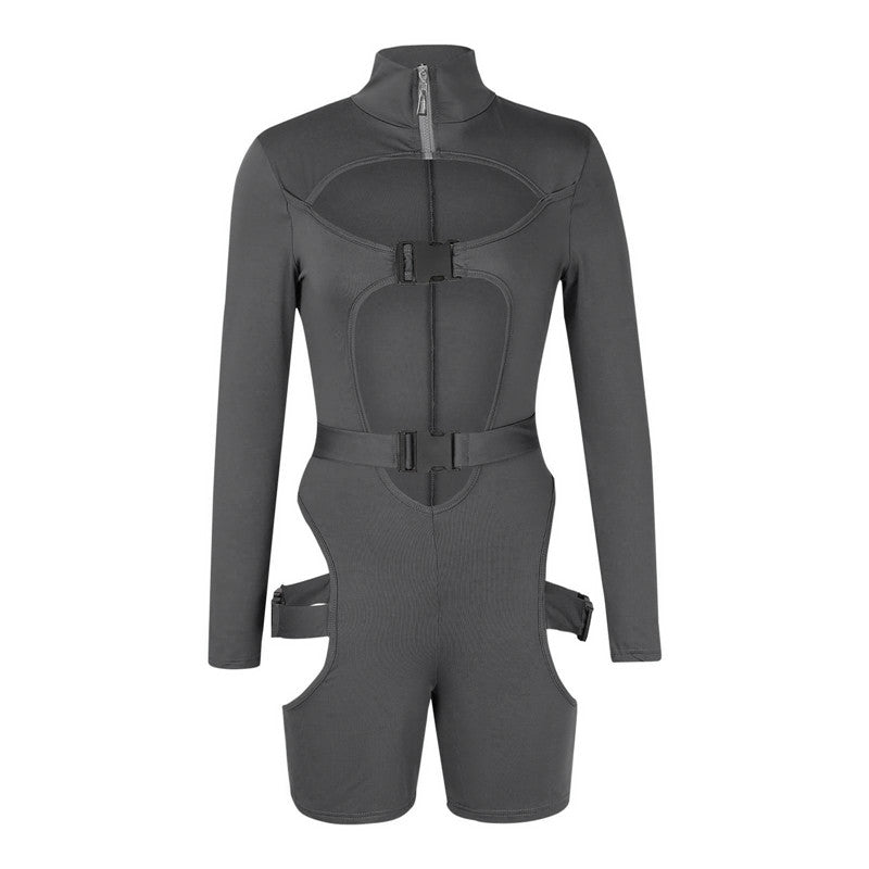 hirigin Women Bodycon Buckle Cut Out Biker Rompers Sexy Long Sleeves Hollow Out Clubwear Bodysuit One Piece Short Jumpsuit Pants