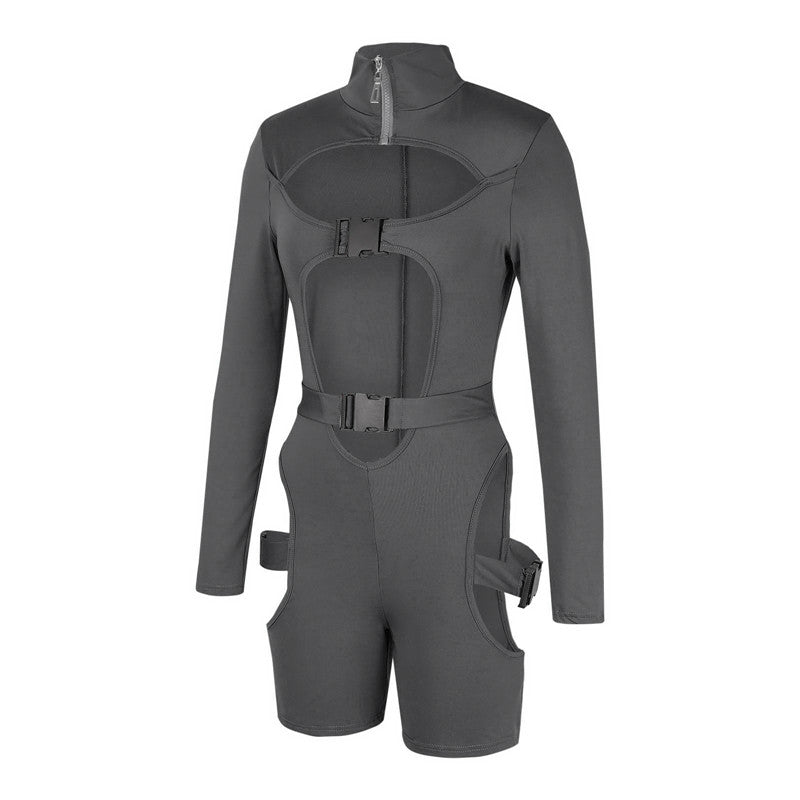 hirigin Women Bodycon Buckle Cut Out Biker Rompers Sexy Long Sleeves Hollow Out Clubwear Bodysuit One Piece Short Jumpsuit Pants