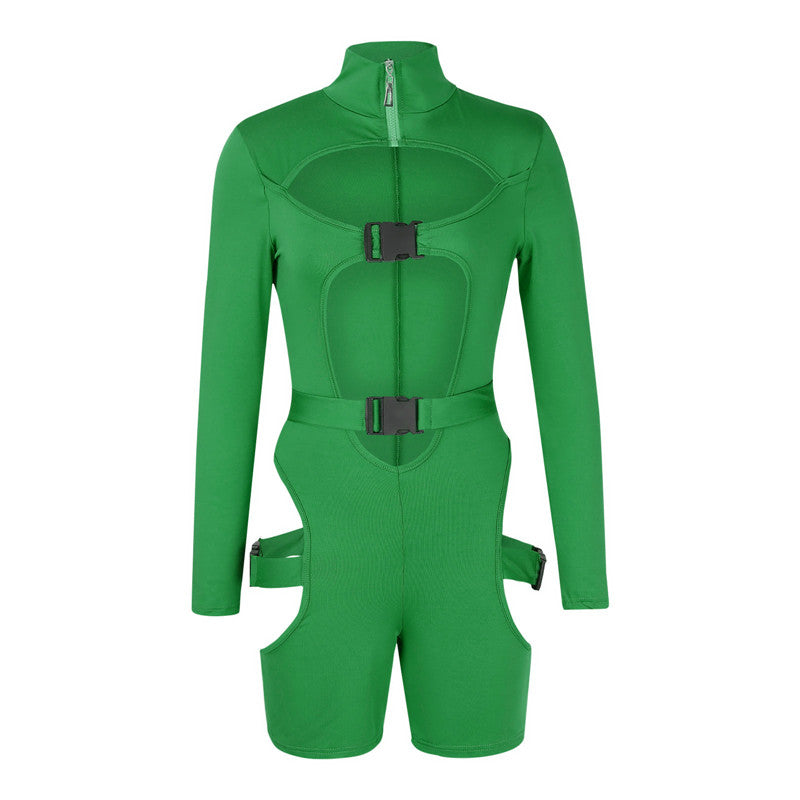hirigin Women Bodycon Buckle Cut Out Biker Rompers Sexy Long Sleeves Hollow Out Clubwear Bodysuit One Piece Short Jumpsuit Pants
