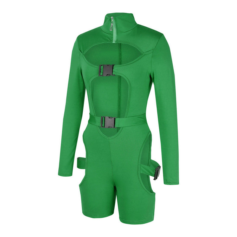 hirigin Women Bodycon Buckle Cut Out Biker Rompers Sexy Long Sleeves Hollow Out Clubwear Bodysuit One Piece Short Jumpsuit Pants