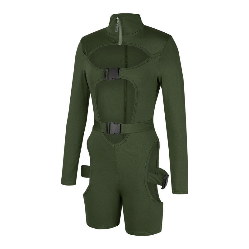 hirigin Women Bodycon Buckle Cut Out Biker Rompers Sexy Long Sleeves Hollow Out Clubwear Bodysuit One Piece Short Jumpsuit Pants