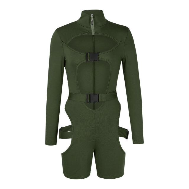 hirigin Women Bodycon Buckle Cut Out Biker Rompers Sexy Long Sleeves Hollow Out Clubwear Bodysuit One Piece Short Jumpsuit Pants