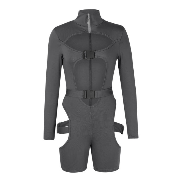 hirigin Women Bodycon Buckle Cut Out Biker Rompers Sexy Long Sleeves Hollow Out Clubwear Bodysuit One Piece Short Jumpsuit Pants