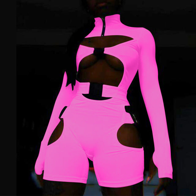 hirigin Women Bodycon Buckle Cut Out Biker Rompers Sexy Long Sleeves Hollow Out Clubwear Bodysuit One Piece Short Jumpsuit Pants