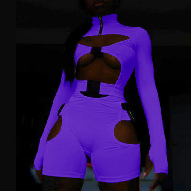 hirigin Women Bodycon Buckle Cut Out Biker Rompers Sexy Long Sleeves Hollow Out Clubwear Bodysuit One Piece Short Jumpsuit Pants