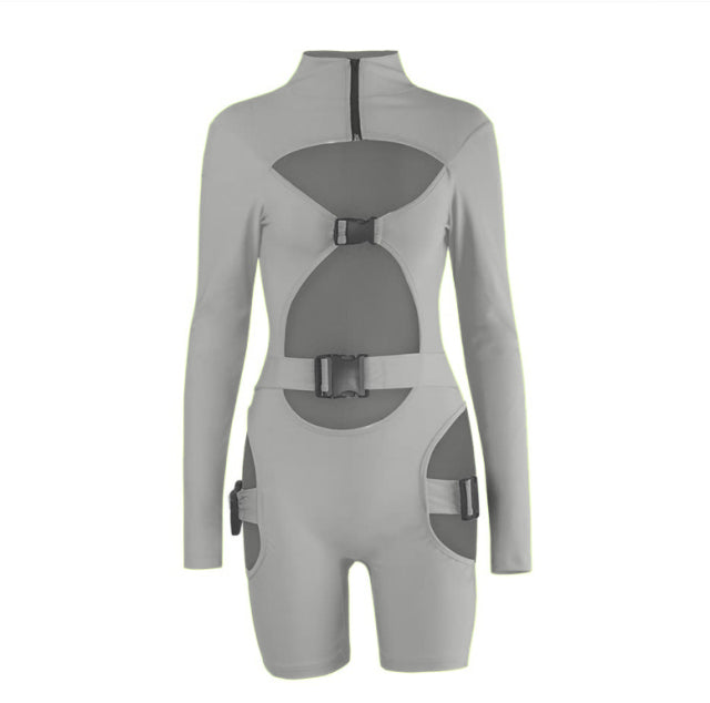 hirigin Women Bodycon Buckle Cut Out Biker Rompers Sexy Long Sleeves Hollow Out Clubwear Bodysuit One Piece Short Jumpsuit Pants