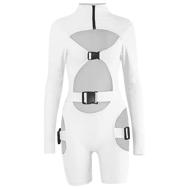 hirigin Women Bodycon Buckle Cut Out Biker Rompers Sexy Long Sleeves Hollow Out Clubwear Bodysuit One Piece Short Jumpsuit Pants