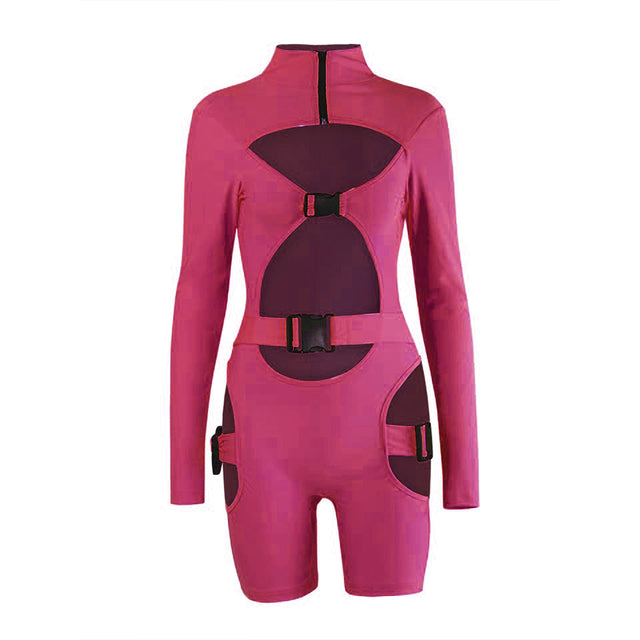 hirigin Women Bodycon Buckle Cut Out Biker Rompers Sexy Long Sleeves Hollow Out Clubwear Bodysuit One Piece Short Jumpsuit Pants