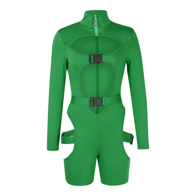 hirigin Women Bodycon Buckle Cut Out Biker Rompers Sexy Long Sleeves Hollow Out Clubwear Bodysuit One Piece Short Jumpsuit Pants