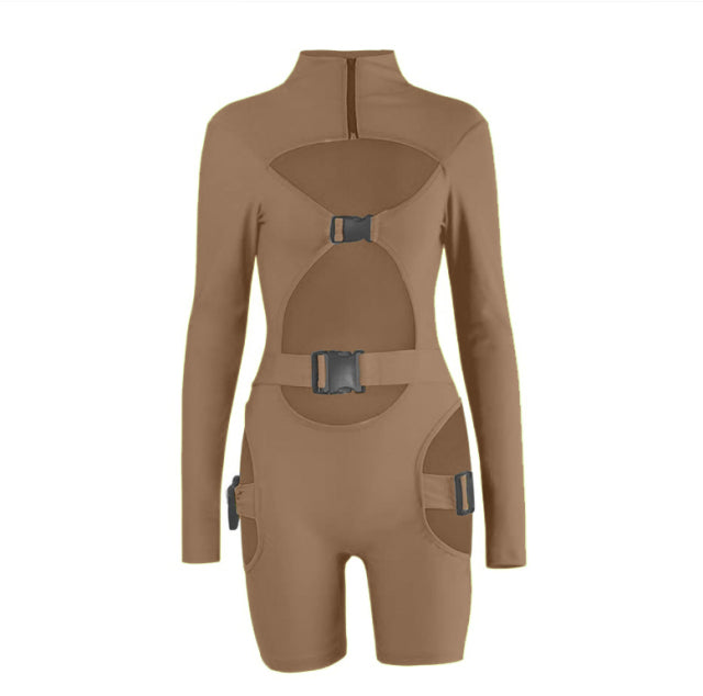 hirigin Women Bodycon Buckle Cut Out Biker Rompers Sexy Long Sleeves Hollow Out Clubwear Bodysuit One Piece Short Jumpsuit Pants