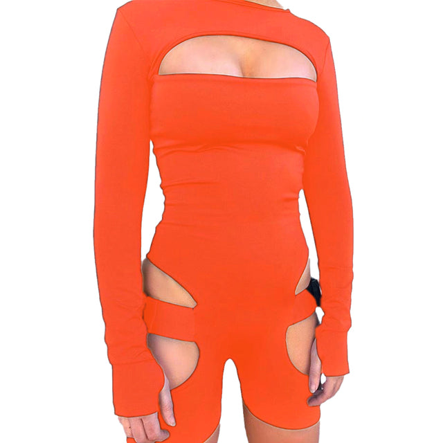 hirigin Women Bodycon Buckle Cut Out Biker Rompers Sexy Long Sleeves Hollow Out Clubwear Bodysuit One Piece Short Jumpsuit Pants
