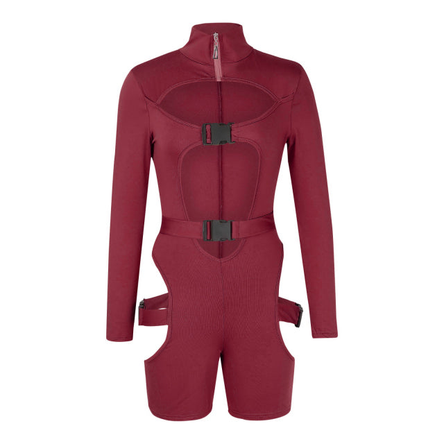 hirigin Women Bodycon Buckle Cut Out Biker Rompers Sexy Long Sleeves Hollow Out Clubwear Bodysuit One Piece Short Jumpsuit Pants