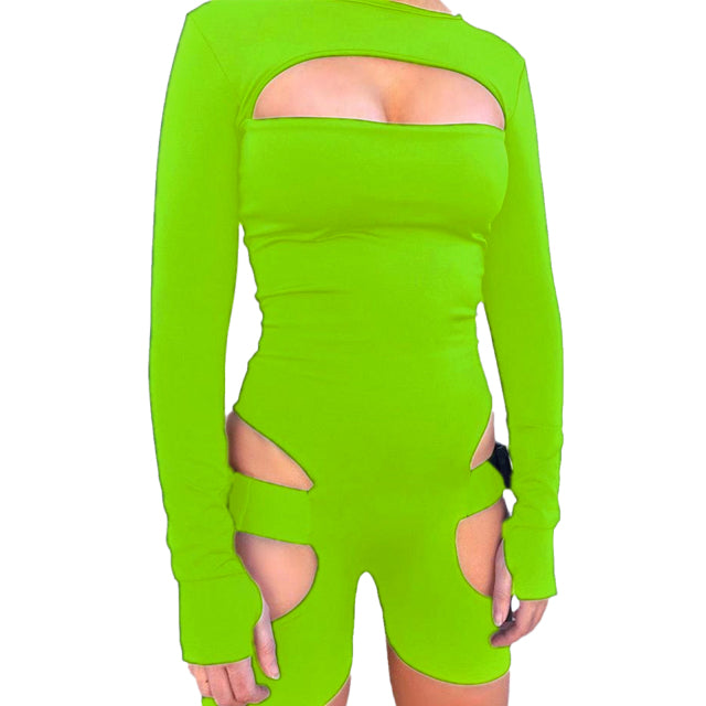 hirigin Women Bodycon Buckle Cut Out Biker Rompers Sexy Long Sleeves Hollow Out Clubwear Bodysuit One Piece Short Jumpsuit Pants