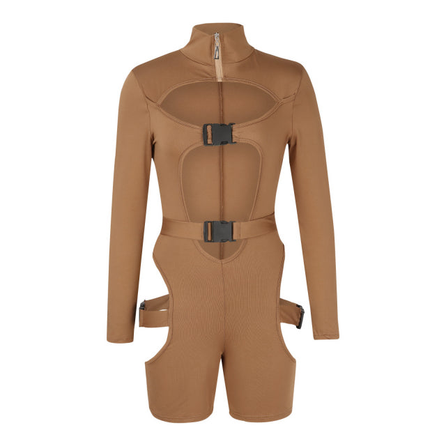 hirigin Women Bodycon Buckle Cut Out Biker Rompers Sexy Long Sleeves Hollow Out Clubwear Bodysuit One Piece Short Jumpsuit Pants