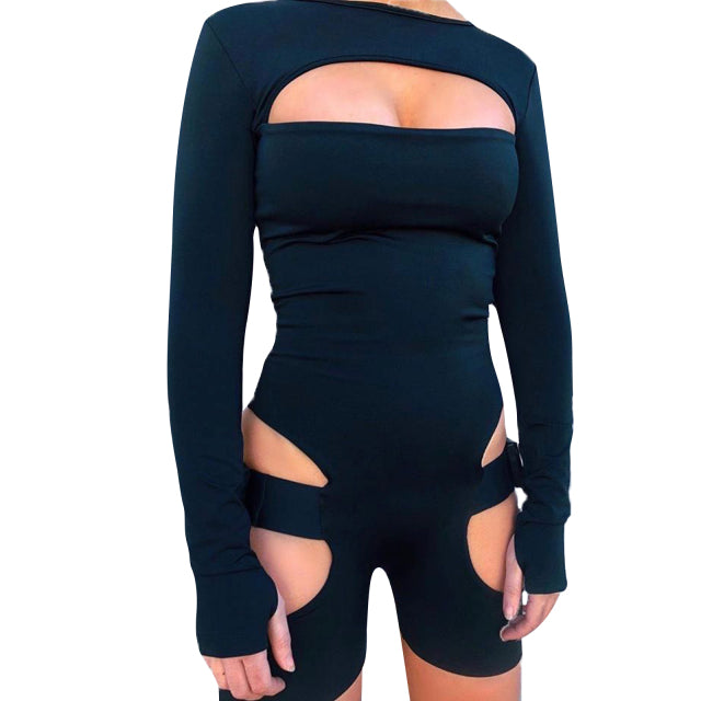 hirigin Women Bodycon Buckle Cut Out Biker Rompers Sexy Long Sleeves Hollow Out Clubwear Bodysuit One Piece Short Jumpsuit Pants