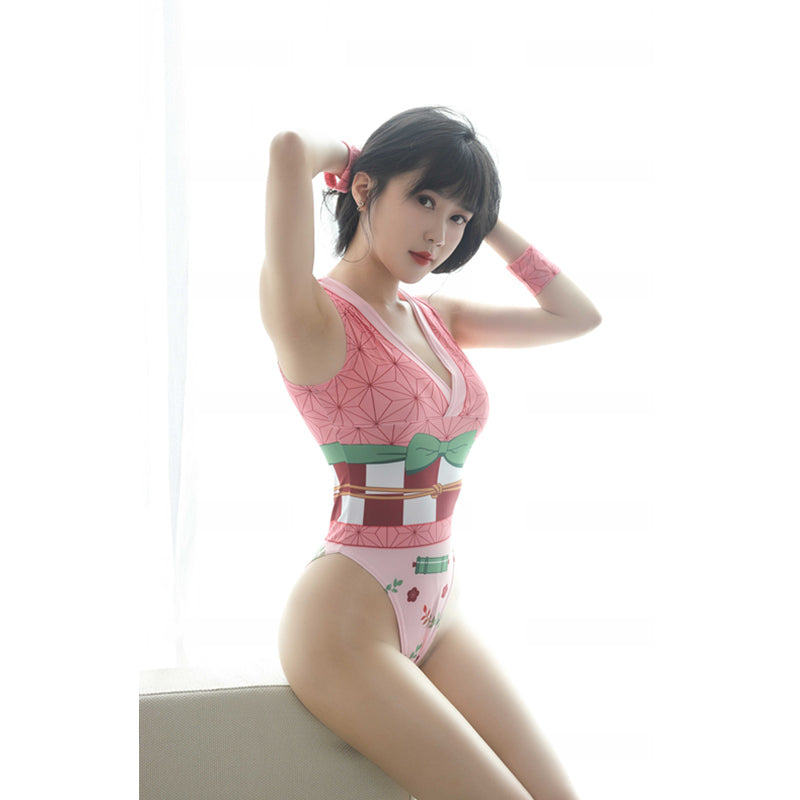 3Pcs/Set Anime Cosplay Demon Slayer Bodysuit Kamado Nezuko Sexy Costumes Women Halloween Erotic Lingeire Sleeveless Underwear
