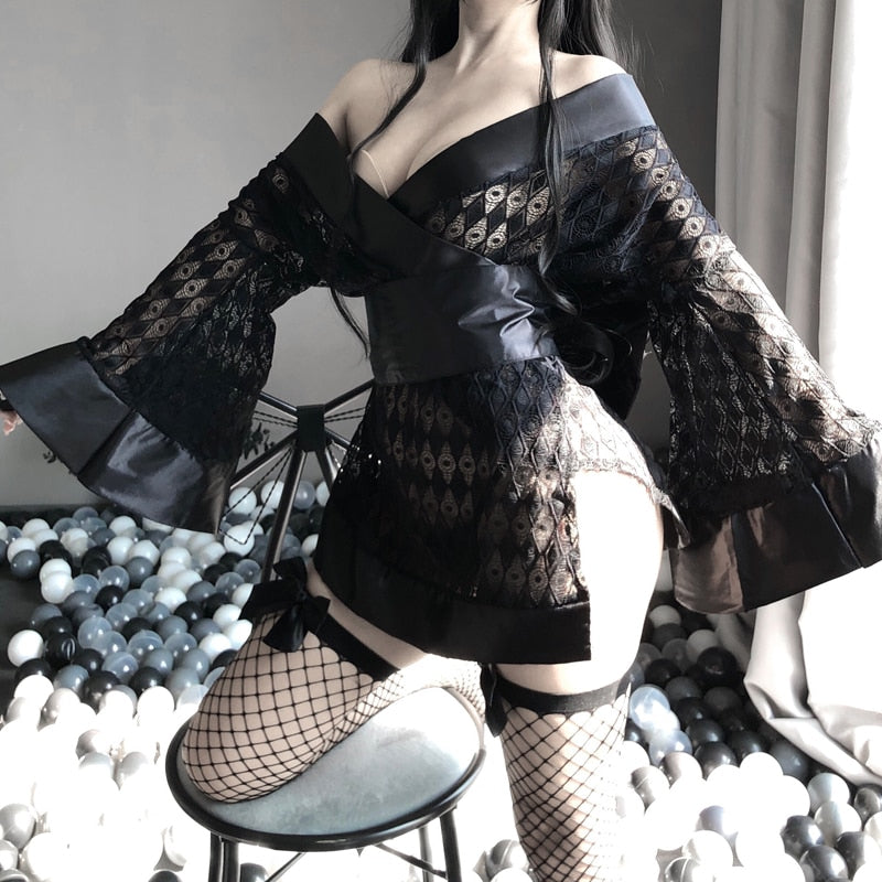 Sexy Cosplay Uniform Dark Japanese Kimono Erotic Costumes for Women Robe Cardigan Role Play Net yarn Black 3Pcs Lingerie Set