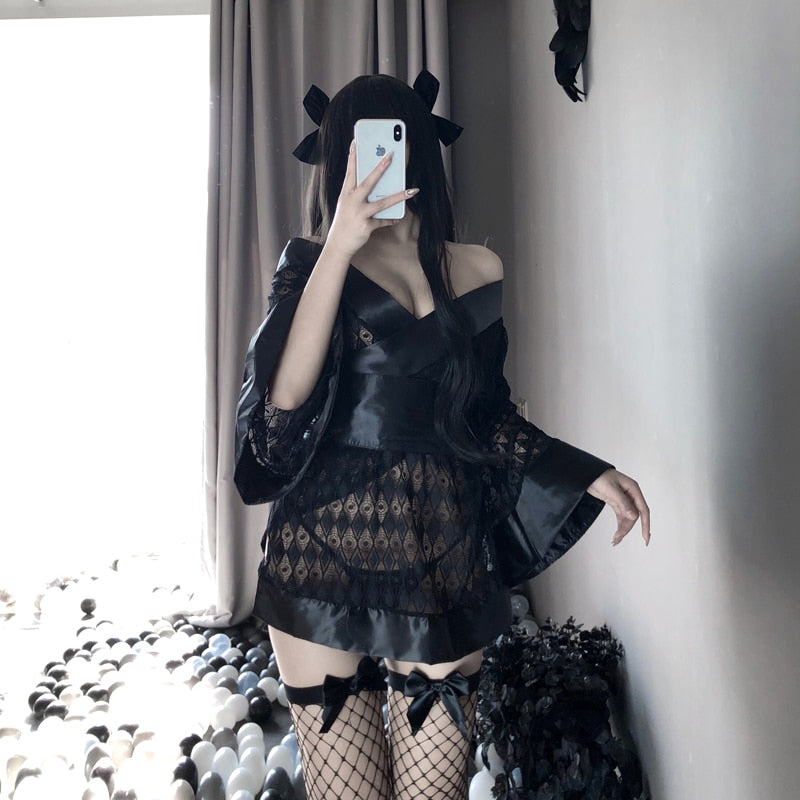 Sexy Cosplay Uniform Dark Japanese Kimono Erotic Costumes for Women Robe Cardigan Role Play Net yarn Black 3Pcs Lingerie Set