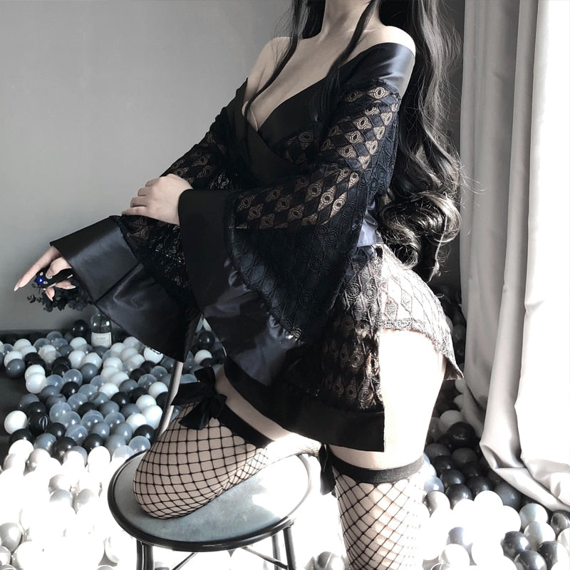 Sexy Cosplay Uniform Dark Japanese Kimono Erotic Costumes for Women Robe Cardigan Role Play Net yarn Black 3Pcs Lingerie Set