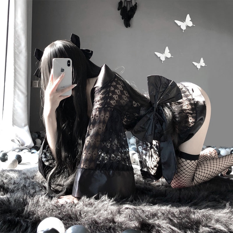 Sexy Cosplay Uniform Dark Japanese Kimono Erotic Costumes for Women Robe Cardigan Role Play Net yarn Black 3Pcs Lingerie Set