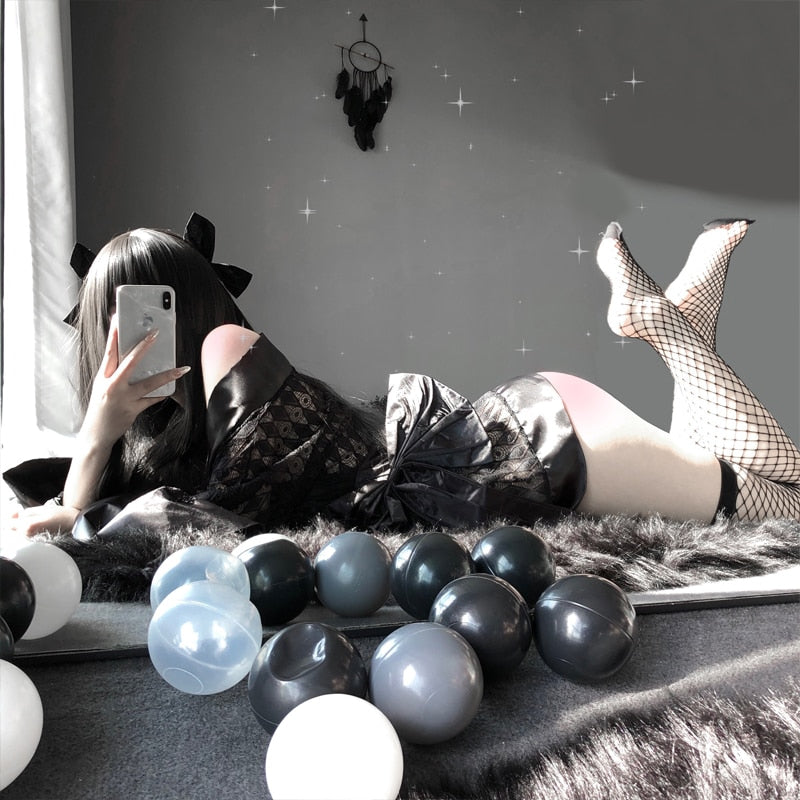 Sexy Cosplay Uniform Dark Japanese Kimono Erotic Costumes for Women Robe Cardigan Role Play Net yarn Black 3Pcs Lingerie Set