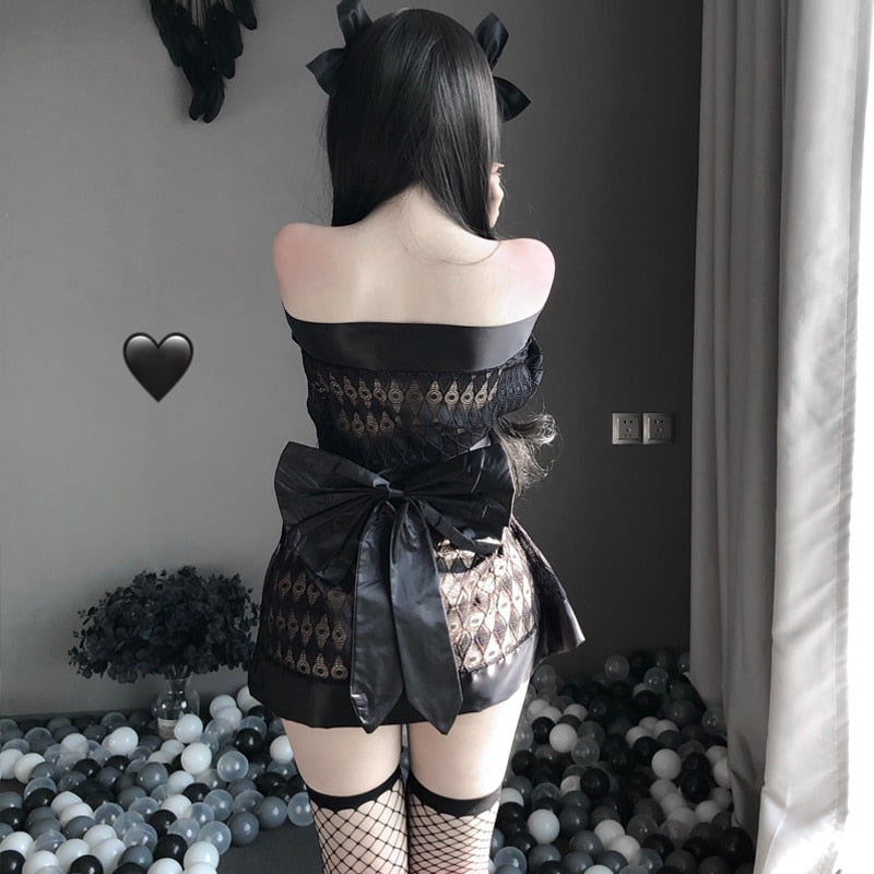 Sexy Cosplay Uniform Dark Japanese Kimono Erotic Costumes for Women Robe Cardigan Role Play Net yarn Black 3Pcs Lingerie Set