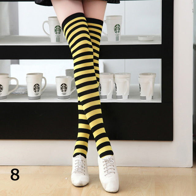 Women Girls Over Knee Socks Stocking Long Stripe Printed Thigh High Striped Cotton Socks Sweet Cute Plus Size Overknee Socks