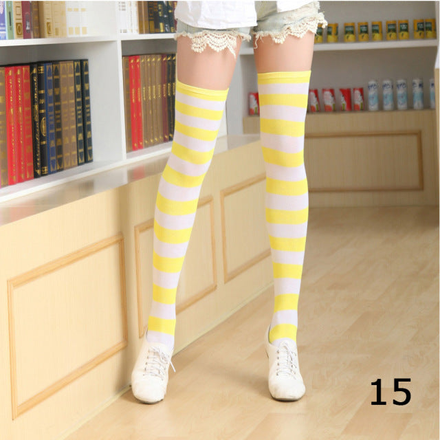 Women Girls Over Knee Socks Stocking Long Stripe Printed Thigh High Striped Cotton Socks Sweet Cute Plus Size Overknee Socks
