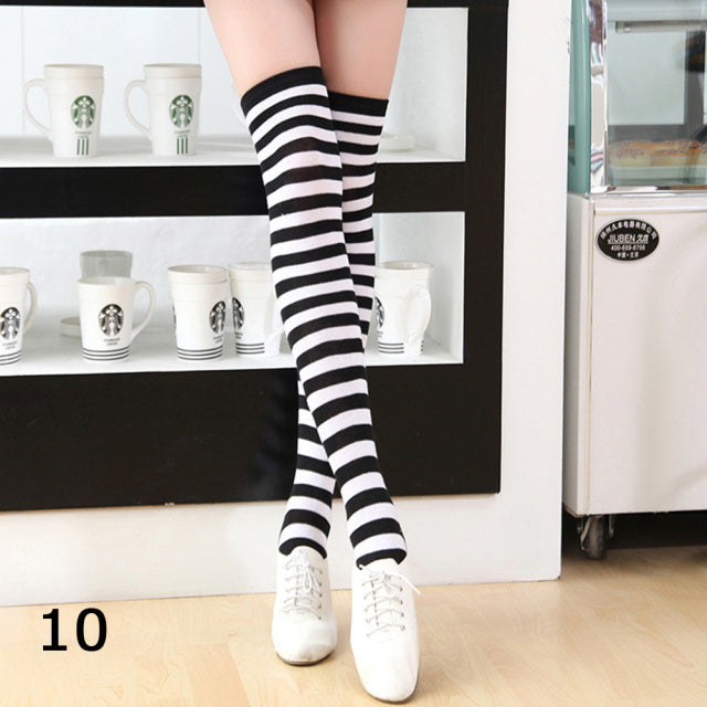Women Girls Over Knee Socks Stocking Long Stripe Printed Thigh High Striped Cotton Socks Sweet Cute Plus Size Overknee Socks