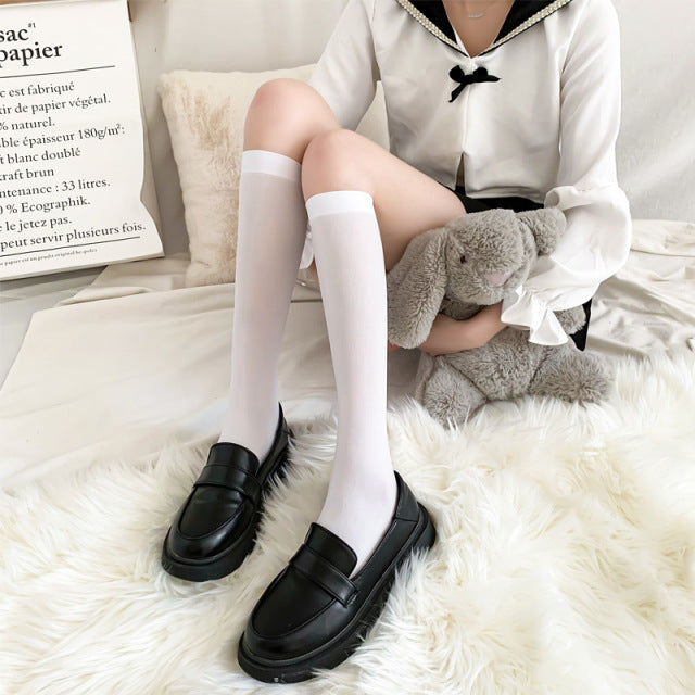 Sweet Ultra-thin Stockings Lace Women Thigh Knee Socks for Ladies Girls over the knee black thin leg knee-high