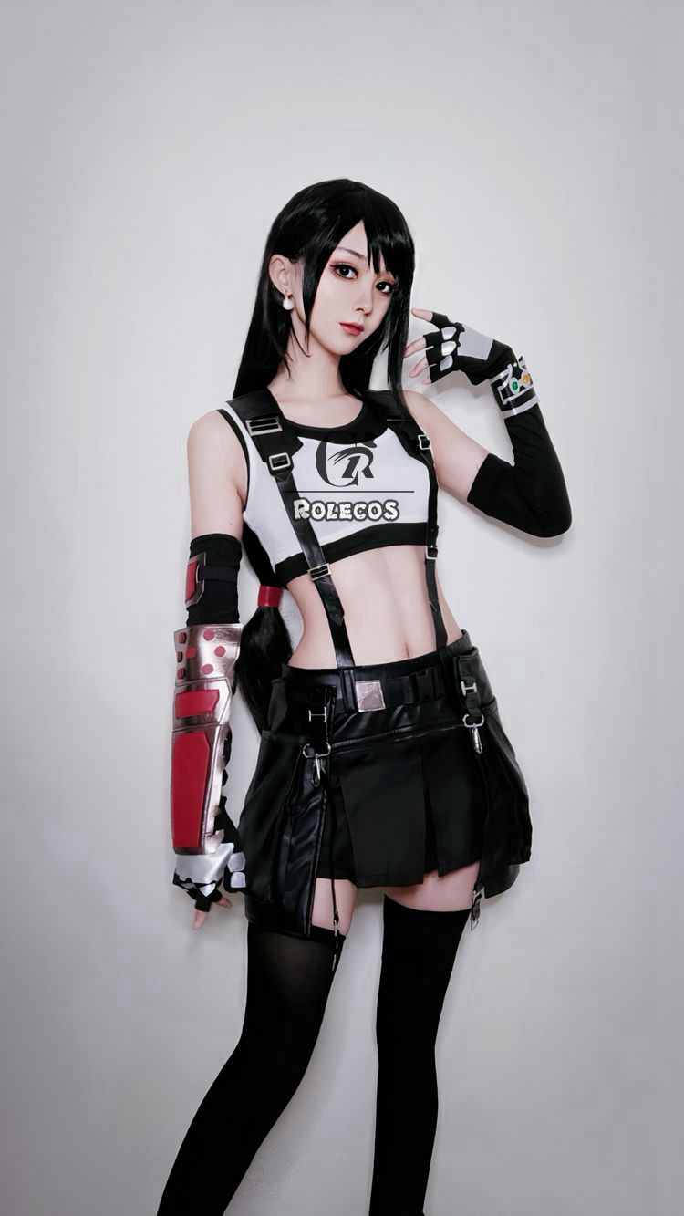 ROLECOS FF VII Tifa Cosplay Costume FF7 Remake Game Cosplay Costume Halloween Sexy Overalls Skirt Gloves Stokings