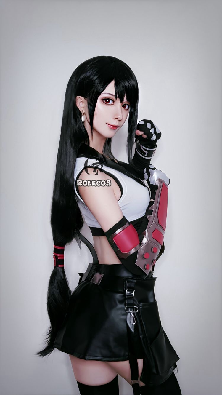 ROLECOS FF VII Tifa Cosplay Costume FF7 Remake Game Cosplay Costume Halloween Sexy Overalls Skirt Gloves Stokings