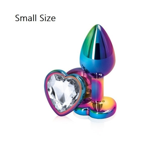 Rainbow Rose gold pink Small Medium size set Heart shape Crystal Metal anal beads butt plug Jewelry sex toy for female male
