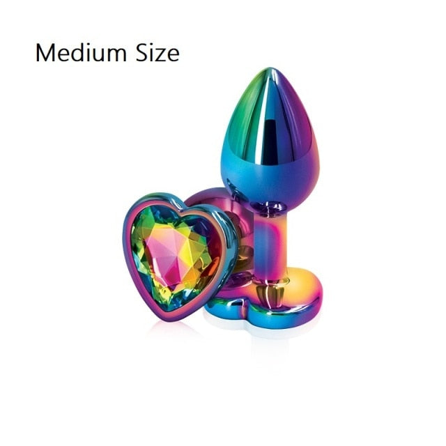 Rainbow Rose gold pink Small Medium size set Heart shape Crystal Metal anal beads butt plug Jewelry sex toy for female male