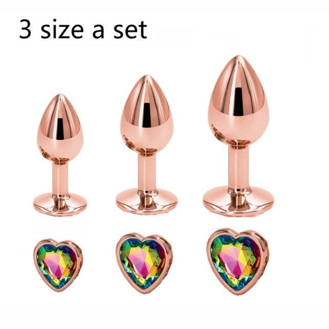Rainbow Rose gold pink Small Medium size set Heart shape Crystal Metal anal beads butt plug Jewelry sex toy for female male