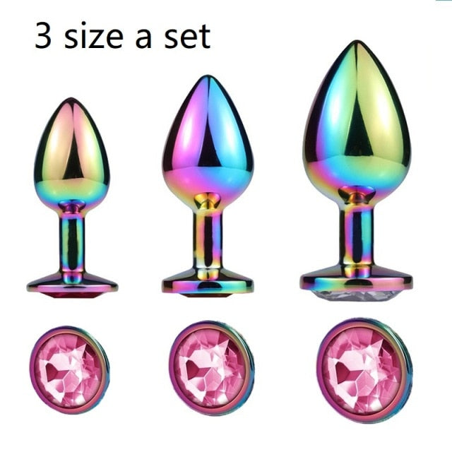 Rainbow Rose gold pink Small Medium size set Heart shape Crystal Metal anal beads butt plug Jewelry sex toy for female male