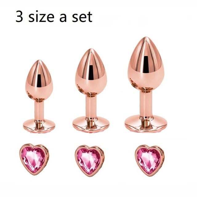 Rainbow Rose gold pink Small Medium size set Heart shape Crystal Metal anal beads butt plug Jewelry sex toy for female male