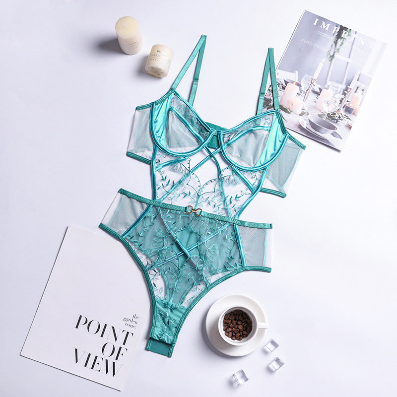 Ellolace Lace Bodysuit With Crotch See Through Hollow Out Embroidery Lingerie Sheer Body Underwire Mesh