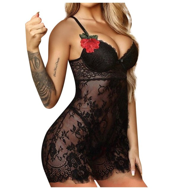 Plus Size Sex Lingerie Embroidery Lace Strap Night Dress Women&#39;s Nightie Cross Tie Backless Sexy Nightgown Perspective Sleepwear
