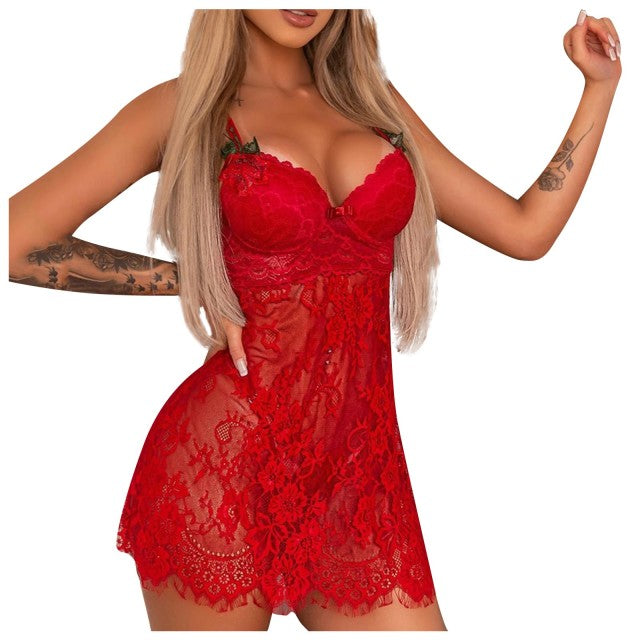 Plus Size Sex Lingerie Embroidery Lace Strap Night Dress Women&#39;s Nightie Cross Tie Backless Sexy Nightgown Perspective Sleepwear