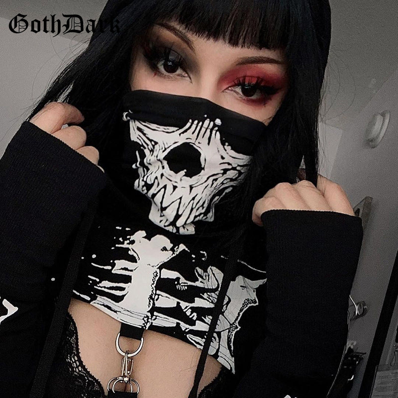 Goth Dark Mall Gothic Skull Print Cropped Hoodies Grunge Punk Aesthetic Black Pullovers Sexy Emo Alt Clothes