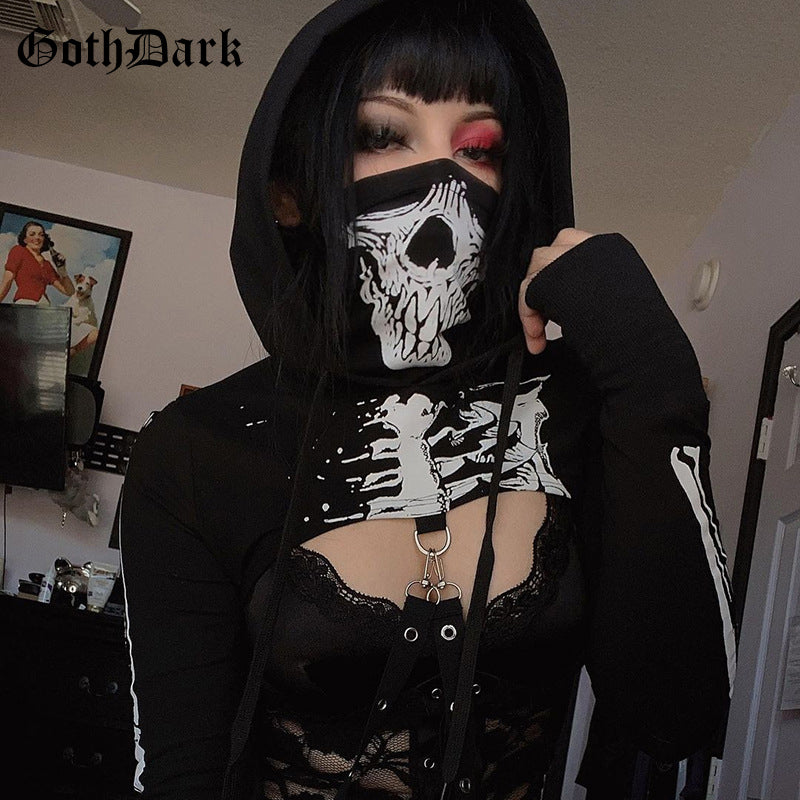 Goth Dark Mall Gothic Skull Print Cropped Hoodies Grunge Punk Aesthetic Black Pullovers Sexy Emo Alt Clothes