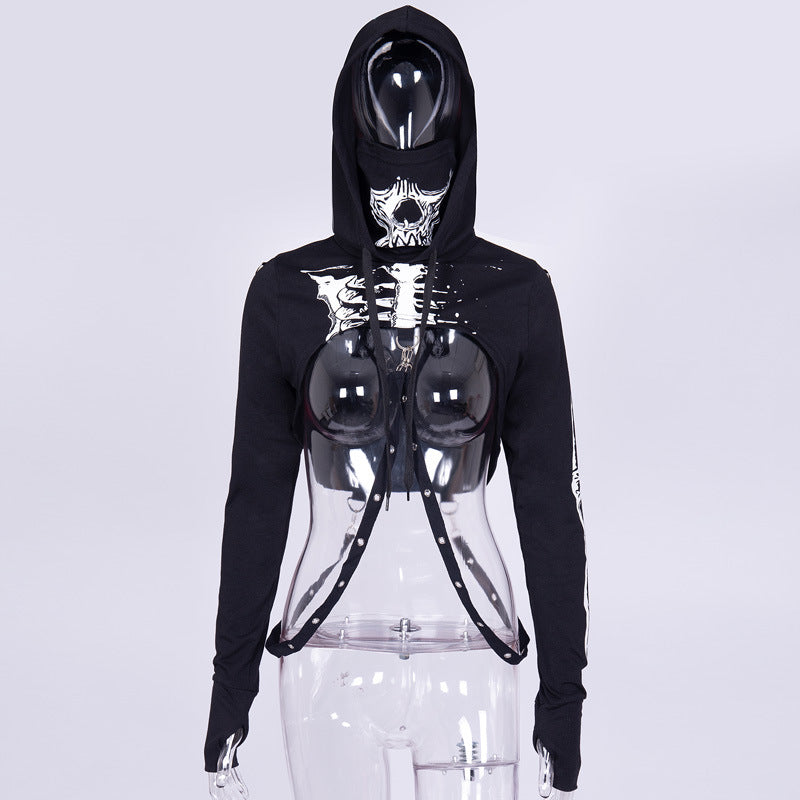 Goth Dark Mall Gothic Skull Print Cropped Hoodies Grunge Punk Aesthetic Black Pullovers Sexy Emo Alt Clothes