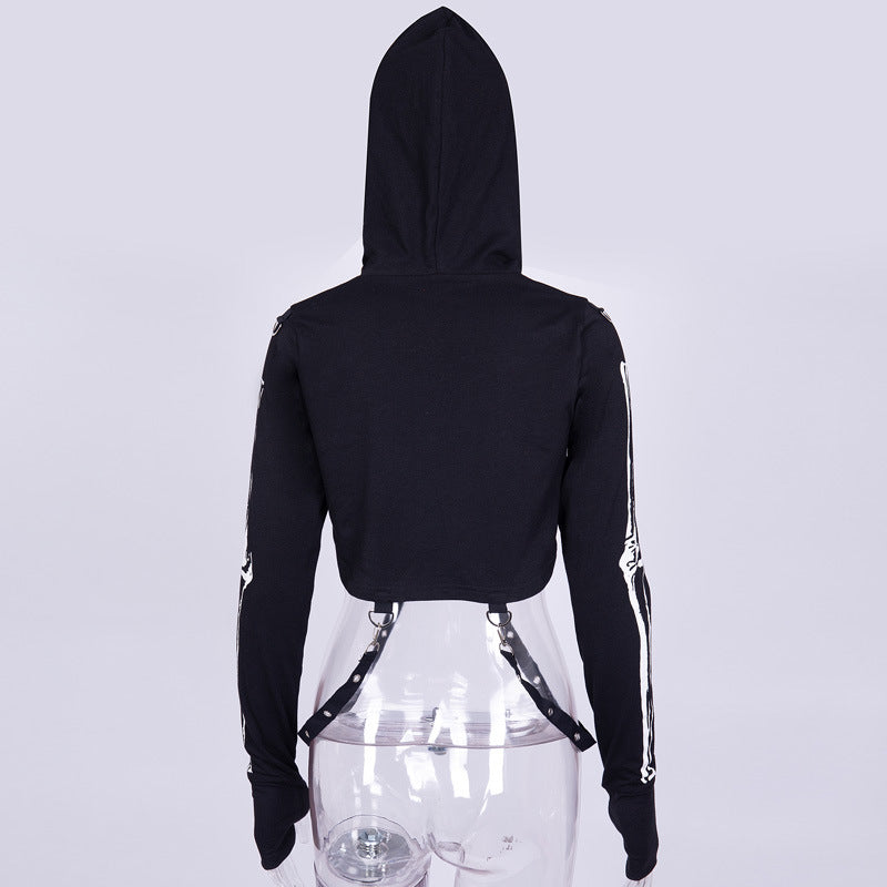 Goth Dark Mall Gothic Skull Print Cropped Hoodies Grunge Punk Aesthetic Black Pullovers Sexy Emo Alt Clothes
