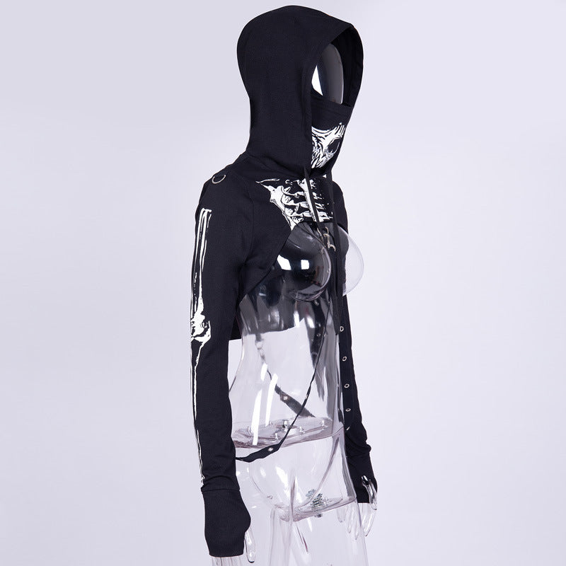 Goth Dark Mall Gothic Skull Print Cropped Hoodies Grunge Punk Aesthetic Black Pullovers Sexy Emo Alt Clothes