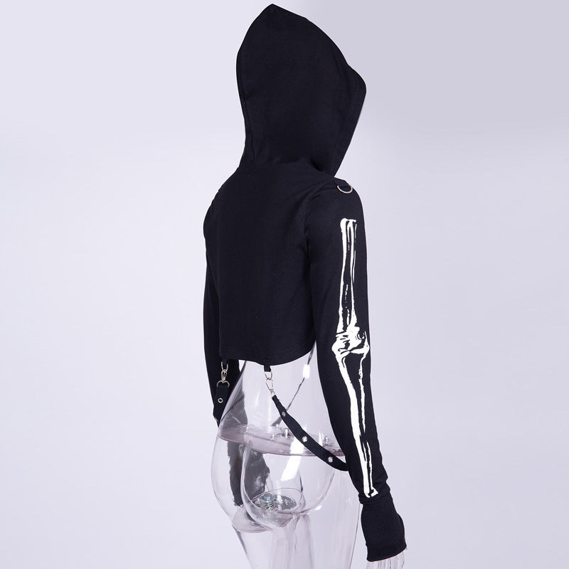 Goth Dark Mall Gothic Skull Print Cropped Hoodies Grunge Punk Aesthetic Black Pullovers Sexy Emo Alt Clothes