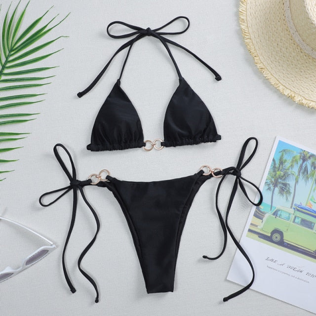 GNIM Sexy Triangle Solid Bikini Swimwear Women Bandage Micro Swimsuit Female 2 Piece Backless Beachwear Biquini Set