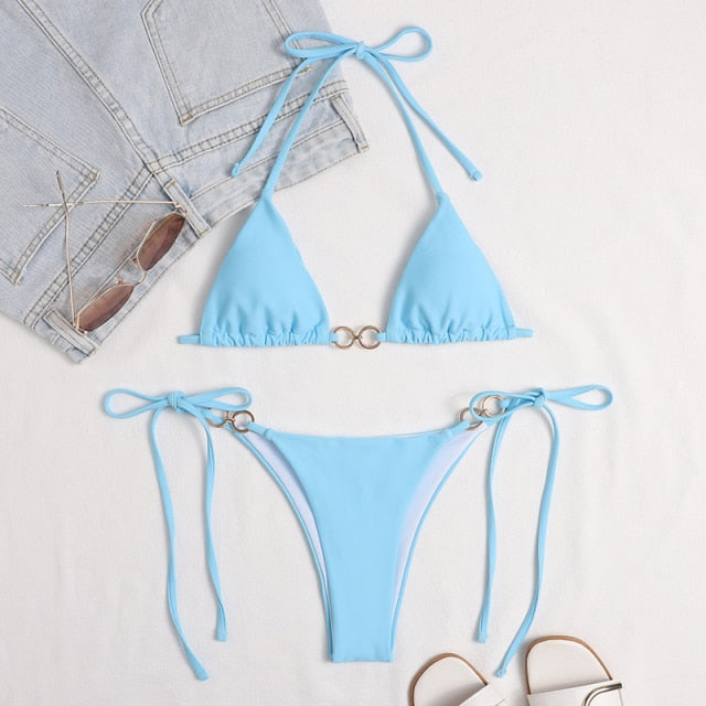 GNIM Sexy Triangle Solid Bikini Swimwear Women Bandage Micro Swimsuit Female 2 Piece Backless Beachwear Biquini Set