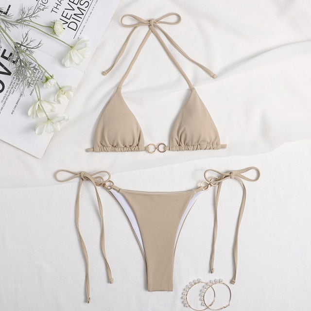 GNIM Sexy Triangle Solid Bikini Swimwear Women Bandage Micro Swimsuit Female 2 Piece Backless Beachwear Biquini Set