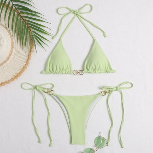 GNIM Sexy Triangle Solid Bikini Swimwear Women Bandage Micro Swimsuit Female 2 Piece Backless Beachwear Biquini Set